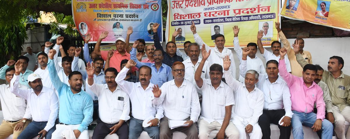 Uttar Pradesh Primary Teachers’ union staging a sit-in at the Basic Education Department office in Lucknow. 