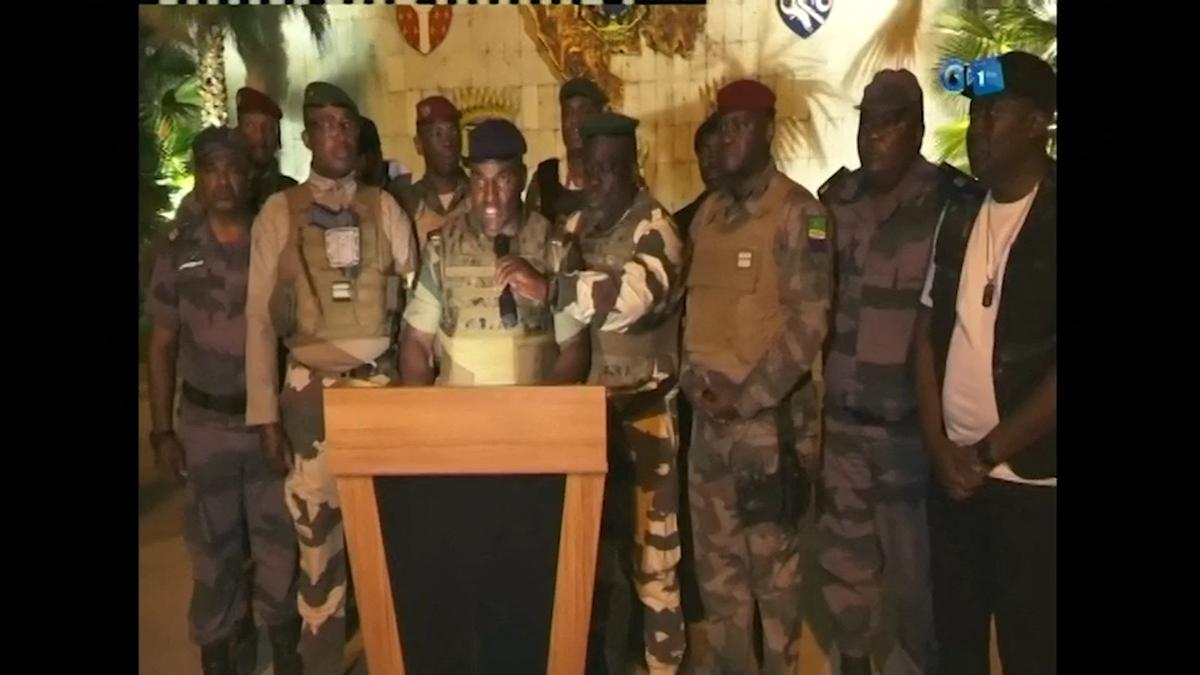 Gabonese military appear on television as they announce that they have seized power following President Ali Bongo Ondimba’s re-election, in this screen grab obtained on August 30, 2023