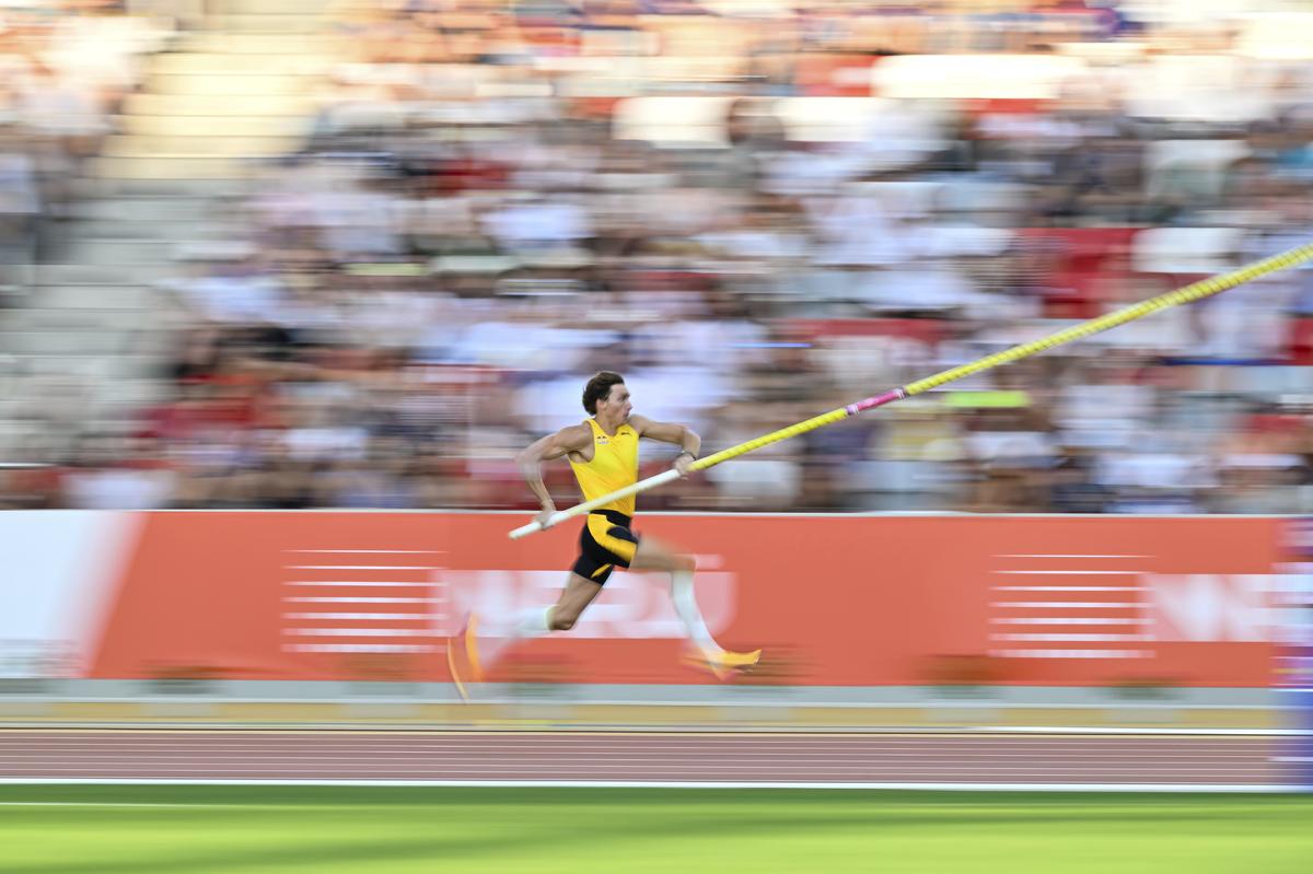 Armand Duplantis of Sweden, competes in the final of the men’s pole vault at the 15th Gyulai Istvan Memorial Track and Field Hungarian Grand Prix in the National Athletics Center in Budapest, Hungary, Tuesday, Aug. 12, 2025. Armand Duplantis of Sweden, competes in the final of the men’s pole vault at the 15th Gyulai Istvan Memorial Track and Field Hungarian Grand Prix in the National Athletics Center in Budapest, Hungary, Tuesday, Aug. 12, 2025.