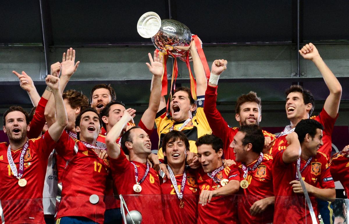 Spanish players celebrate after winning the Euro 2012 football championships final in Kiev. 