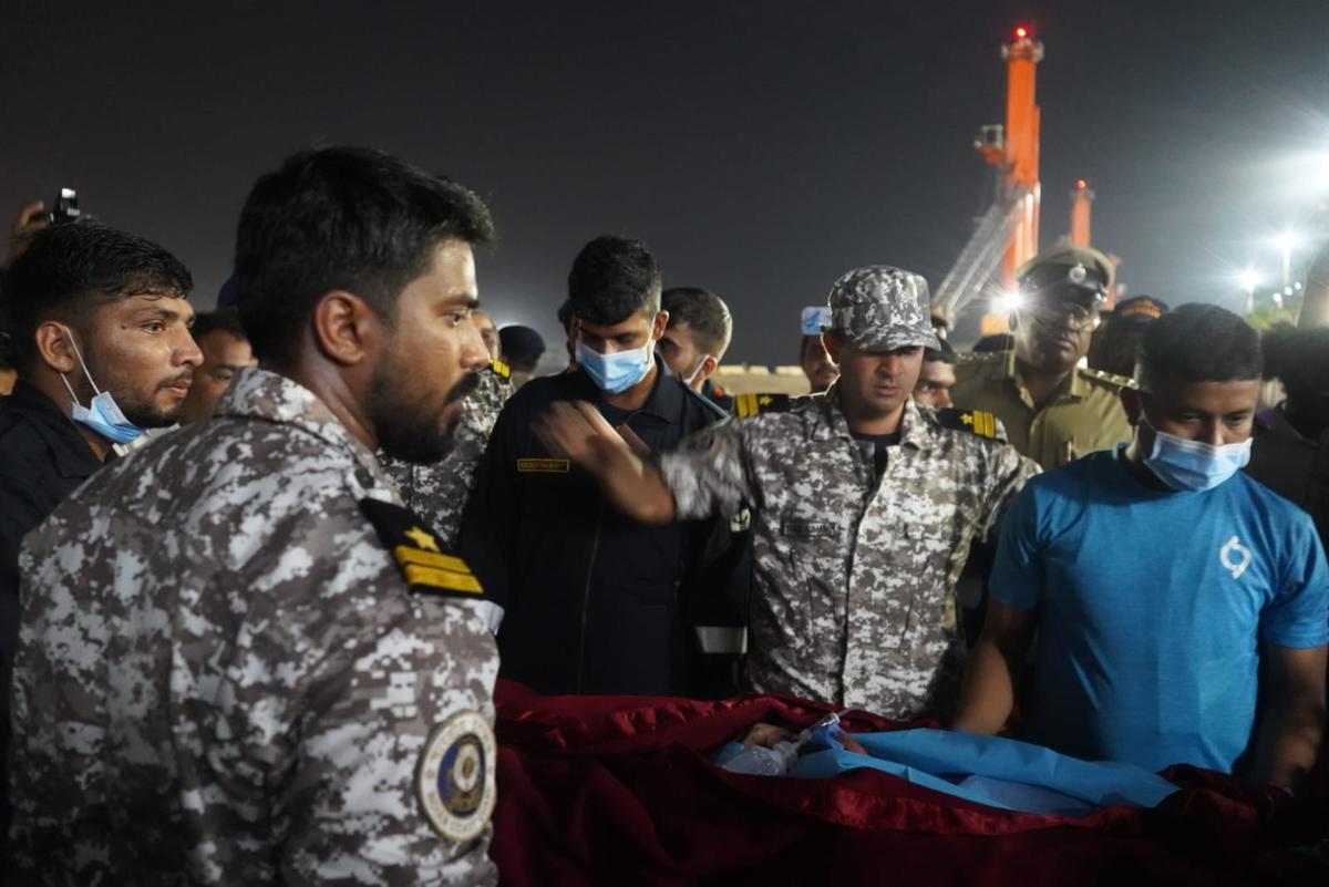 Injured crew members of fire struck Singapore-flagged container ship MV Wan Hai 503 being shifted to a hospital in Mangaluru on June 9 night. Injured crew members of fire struck Singapore-flagged container ship MV Wan Hai 503 being shifted to a hospital in Mangaluru on June 9 night.