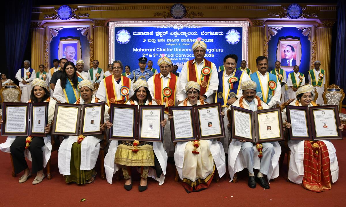 Governor Thaawarchand Gehlot, Minister for Higher Education M.C. Sudhakar, Vice-Chancellor of Maharani Cluster University, Bengaluru, Manjunatha T.M., along with other dignitaries, felicitated the recipients of honorary doctorates, during the 2nd and 3rd convocation of Maharani Cluster University in Bengaluru on Friday.