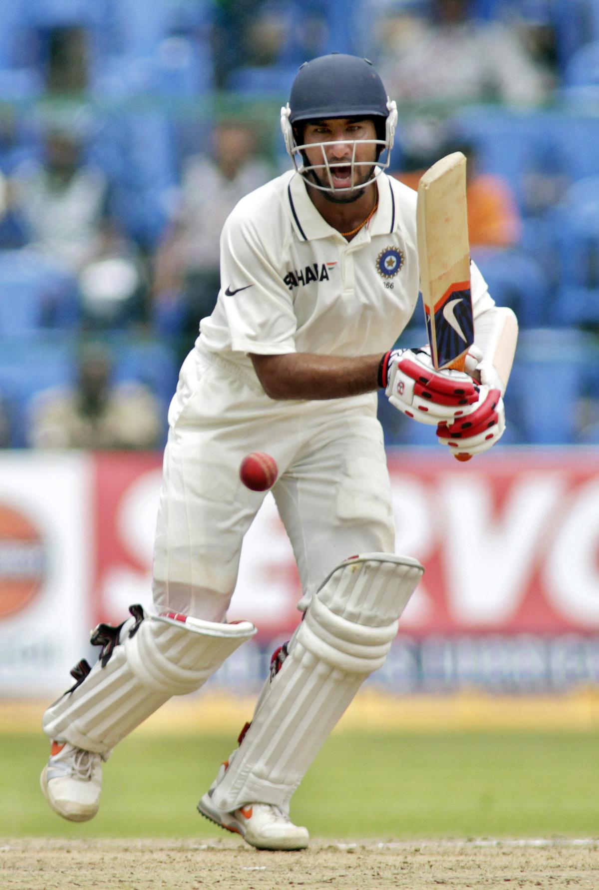 Vintage: Pujara bats during India’s 2010 Test match against Australia in Bangalore.
