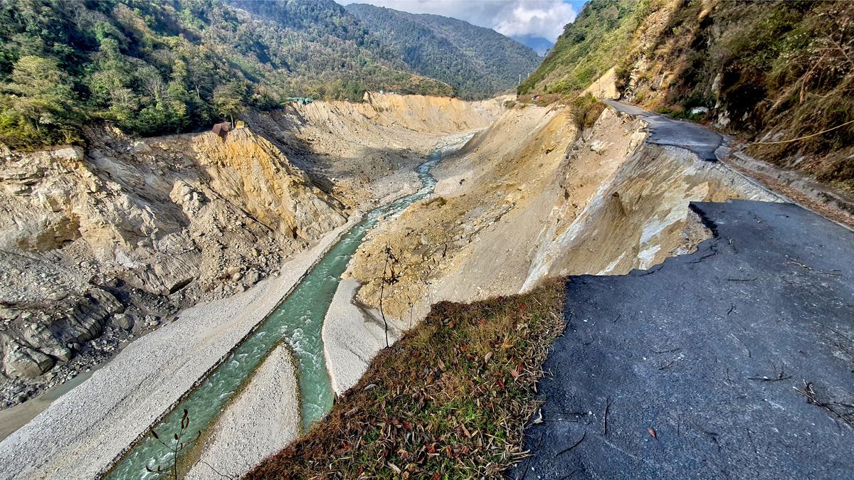 Damaged roads in Teesta Valley due to a landslide in Sikkim.