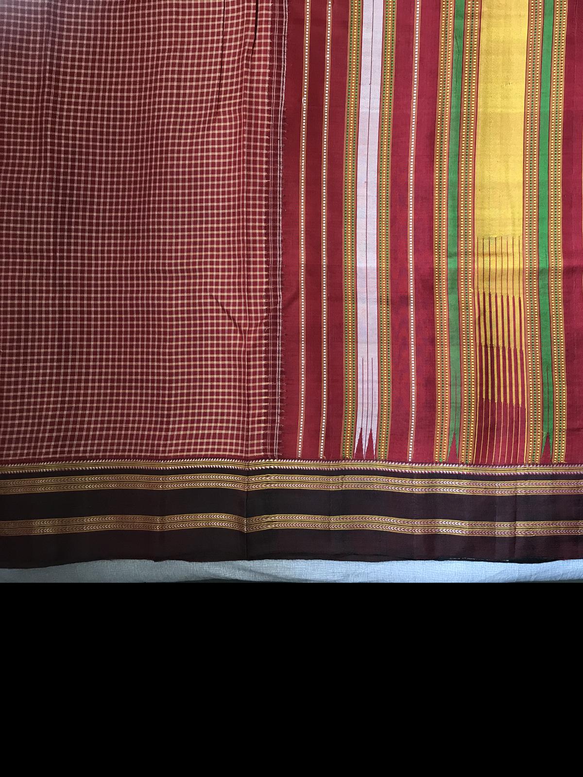 The sari with a Motichoor pallu, which is in the collection of Gulbarga-based artist Vijay Hagargundag. The sari is about 150 to 200 years old.