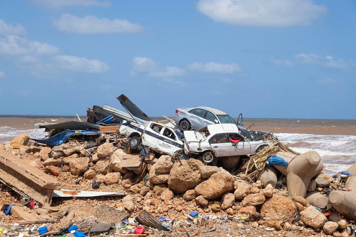 A view shows damaged cars, after a powerful storm and heavy rainfall hit Libya, in Derna, Libya on September 12, 2023.