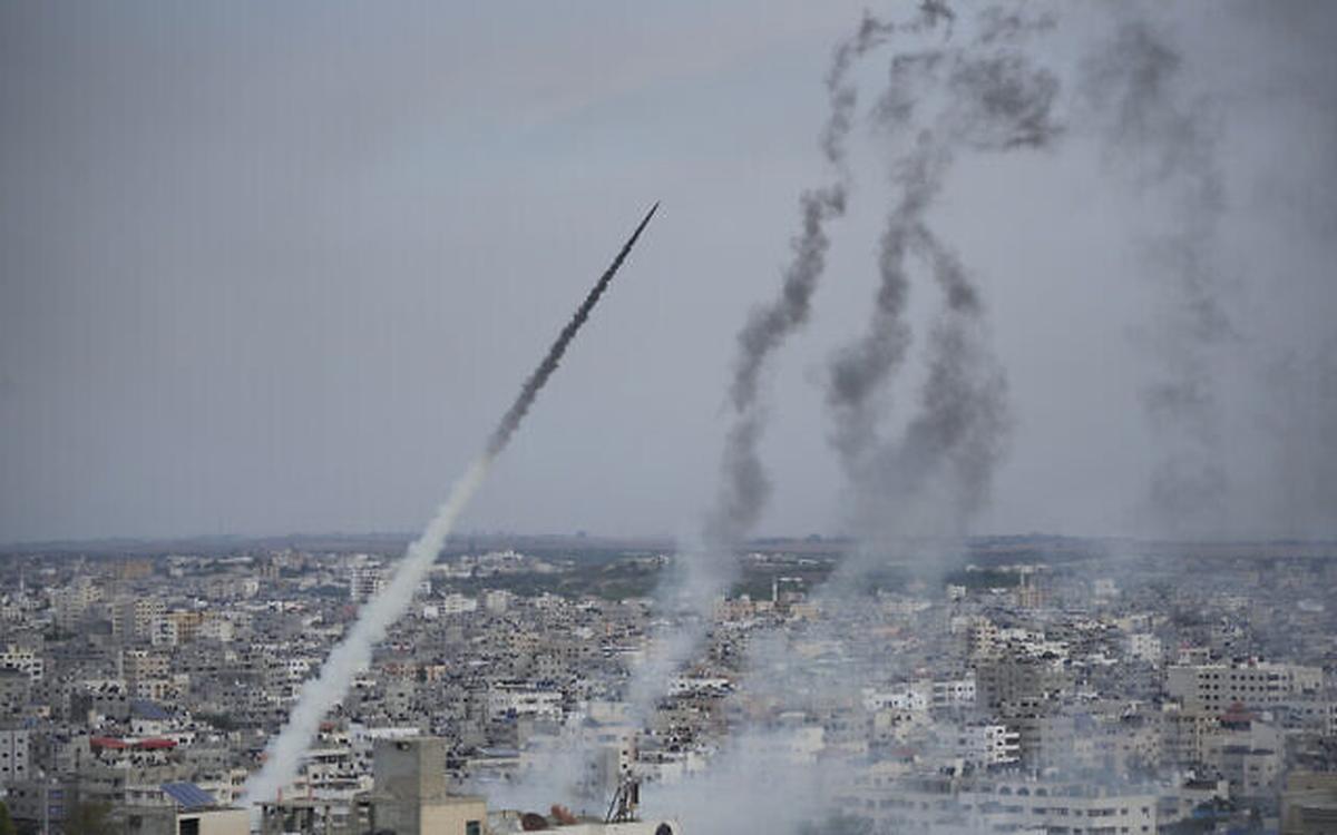 Rockets are launched by Hamas from the Gaza Strip toward Israel, in Gaza, October 7, 2023