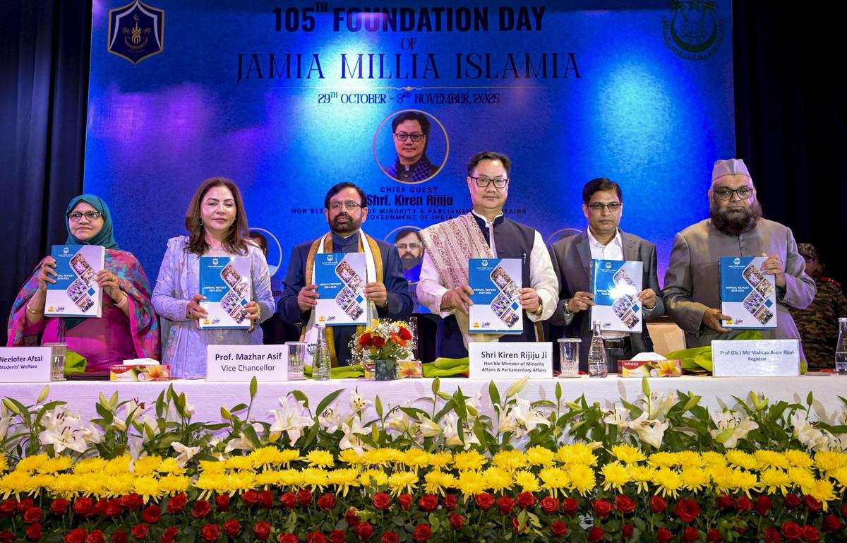 Union Minister of Parliamentary Affairs Kiren Rijiju at the 105th Foundation Day celebrations of Jamia Millia Islamia. X/@KirenRijiju Union Minister of Parliamentary Affairs Kiren Rijiju at the 105th Foundation Day celebrations of Jamia Millia Islamia. X/@KirenRijiju