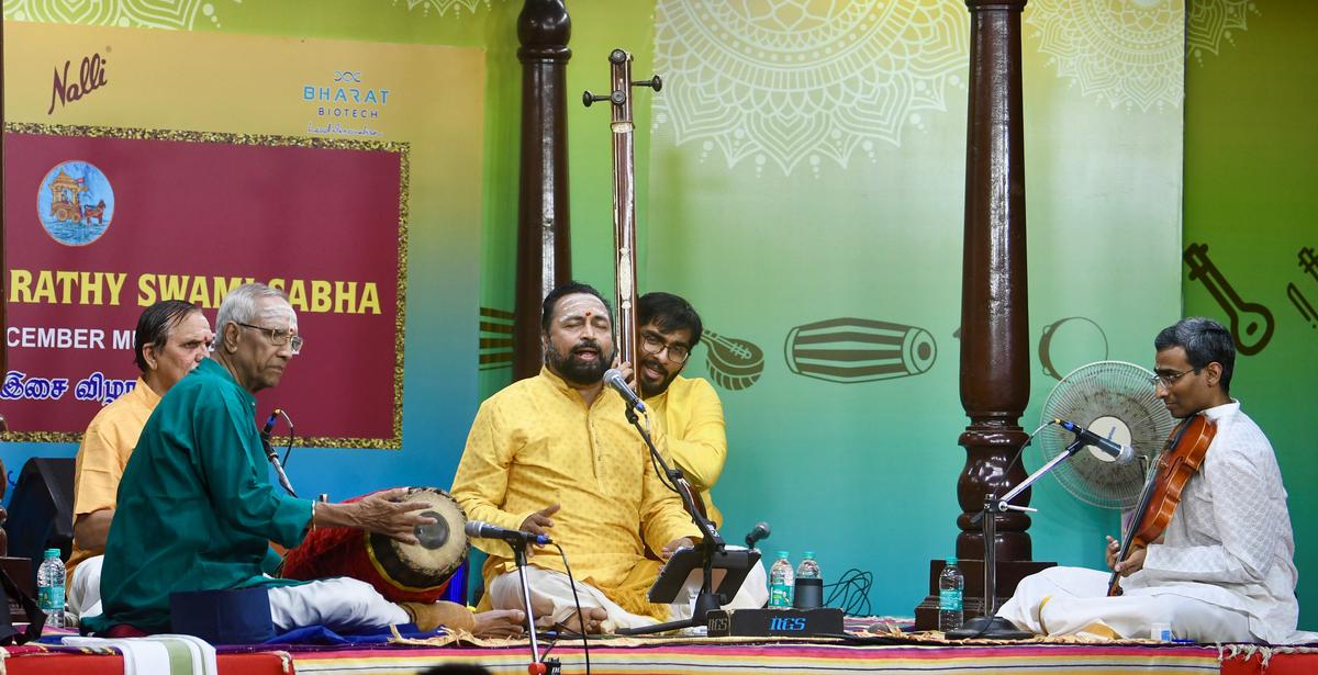 Shertalai Renganatha Sharma’s concert at Sri Parthasarthy Swamy Sabha ‘s annual music festival, in December 2023. The accompanists are L. Ramakrishnan (violin), Mannargudi Easwaran (mridangam) and Vaikom Gopalakrishnan (ghatam).
