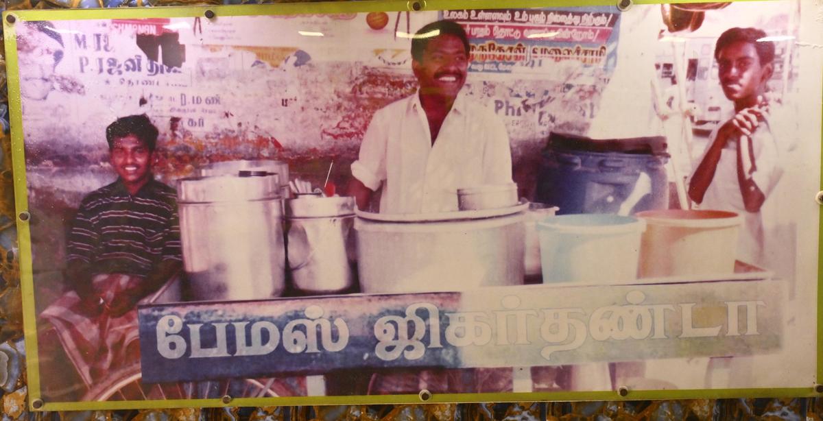 The sons of the founder Sheik Meeran seen in an old photo taken at their push cart on Kamarajar Salai in Madurai. (From left) Shahul Hameed and Chintha Mathar