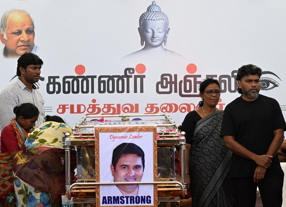 Pa Ranjith, film director and screenwriter pays tribute to slain BSP leader K. Armstrong in Chennai on Sunday, July 7, 2024. 