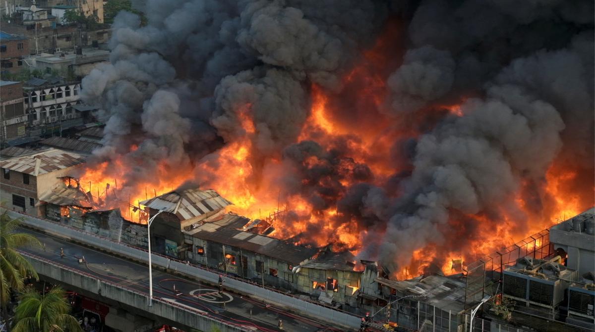 An aerial view shows firefighters trying to douse a fire that broke out in a popular clothing market known as Bangabazar Market in Dhaka, Bangladesh, April 4, 2023