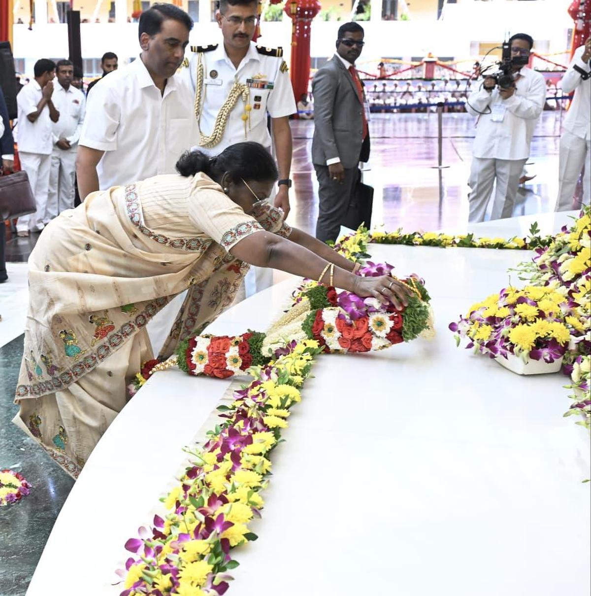 President Droupadi Murmu offering prayers at the Maha Samadhi of Sri Sathya Sai Baba during the Sathya Sai Baba centenary celebrations in Puttaparthi on Saturday