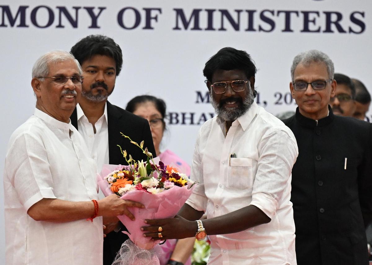 V. Gandhiraj, TVK’s Arakkonam MLA at Lok Bhavan in Chennai on Thursday