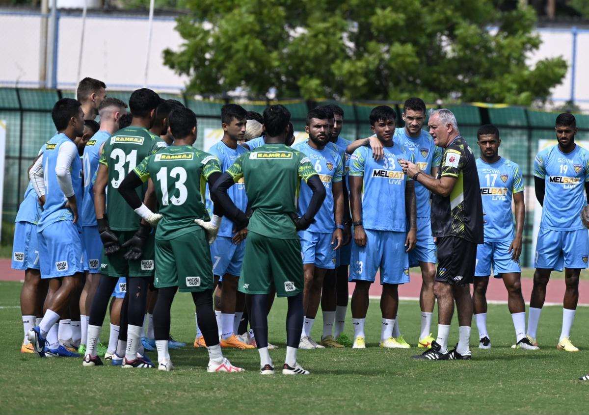 Chennaiyin FC head coach Owen Coyle puts forth his ideas to the players during a practice session ahead of the match against Mohammedan SC in the Hero Indian Super League on Wednesday, September 25, 2024.