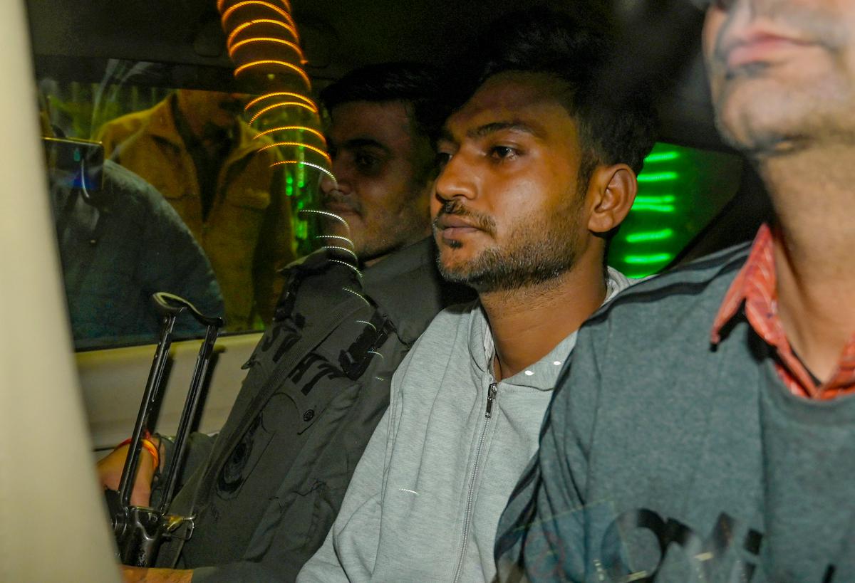 Sagar Sharma, one of the accused persons, being produced at the Patiala House Court, in New Delhi. Sagar Sharma, one of the accused persons, being produced at the Patiala House Court, in New Delhi.