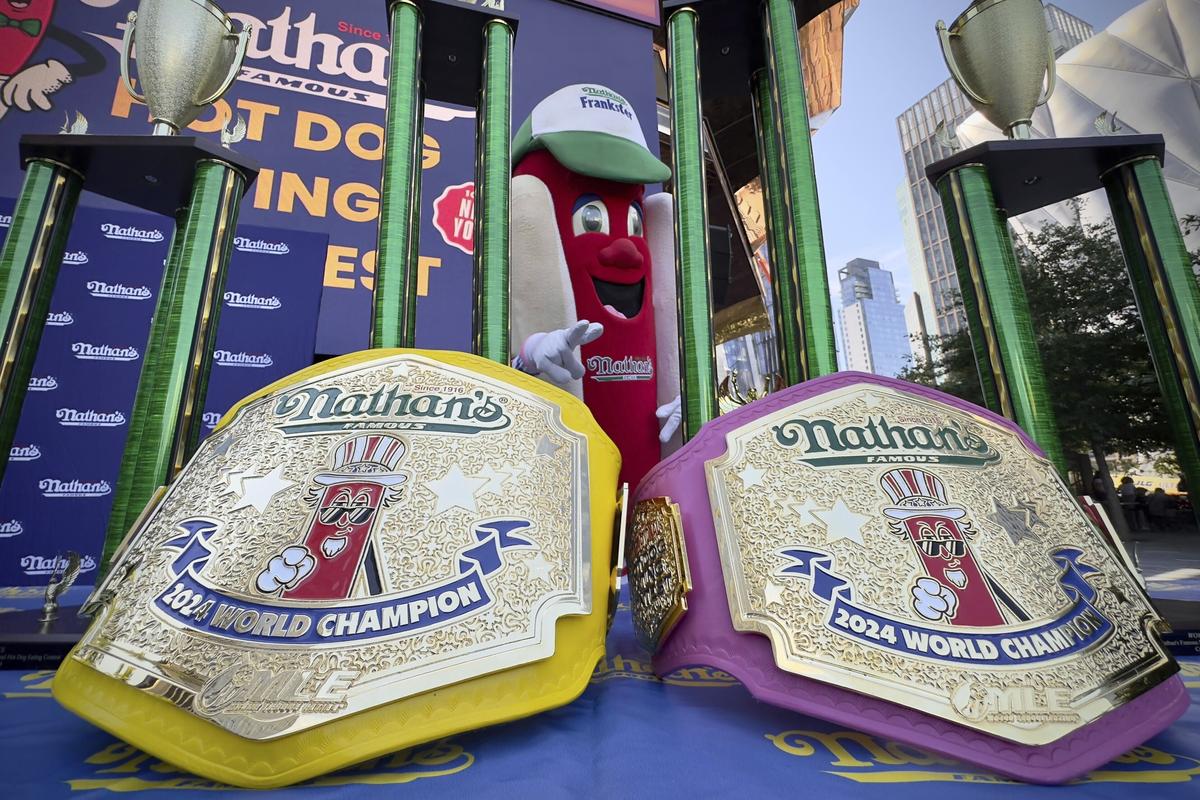 The 2024 championship belts rest on a table during a weigh-in ceremony before the Nathan's Famous July Fourth hot dog eating contest, on July 3, 2024, in New York. 