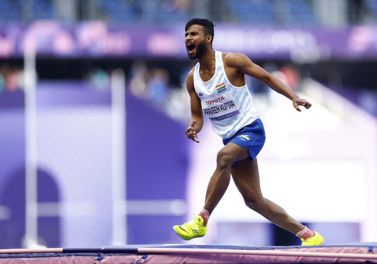 Praveen Kumar reacts after finishing the gold medal jump at the Paralympic Games in Paris on September 6, 2024.