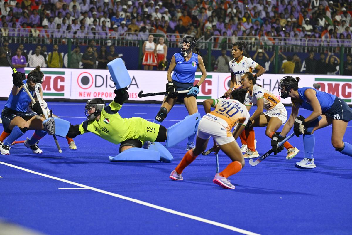 Hyderabad, Telangana, 13/03/2026: India Players (White) and Italy (Blue) in action at the FIH Women’s Hockey World Cup Qualifiers at the G.M.C. Balayogi Hockey Ground in Hyderabad on Friday, March 13, 2026. Photo: NAGARA GOPAL / The Hindu