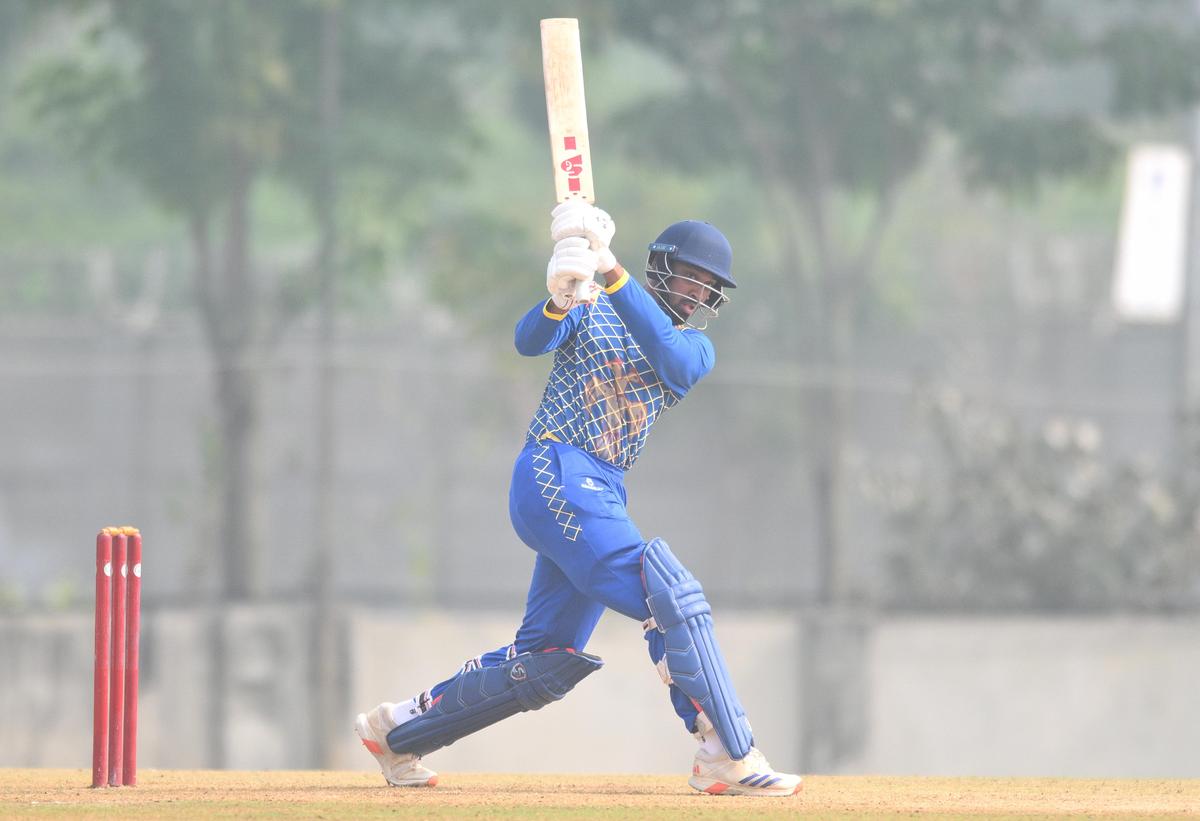 Karnataka’s Smaran  in action during the Syed Mushtaq Ali Trophy cricket match against Uttarakhand at the Narendra Modi Stadium, Ahmedabad, Gujarat on Wednesday, November 26, 2025. 