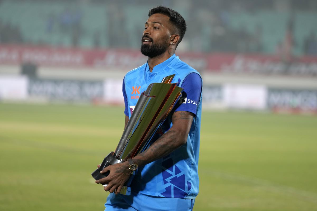 One for the cabinet: India captain Hardik Pandya with the series trophy.