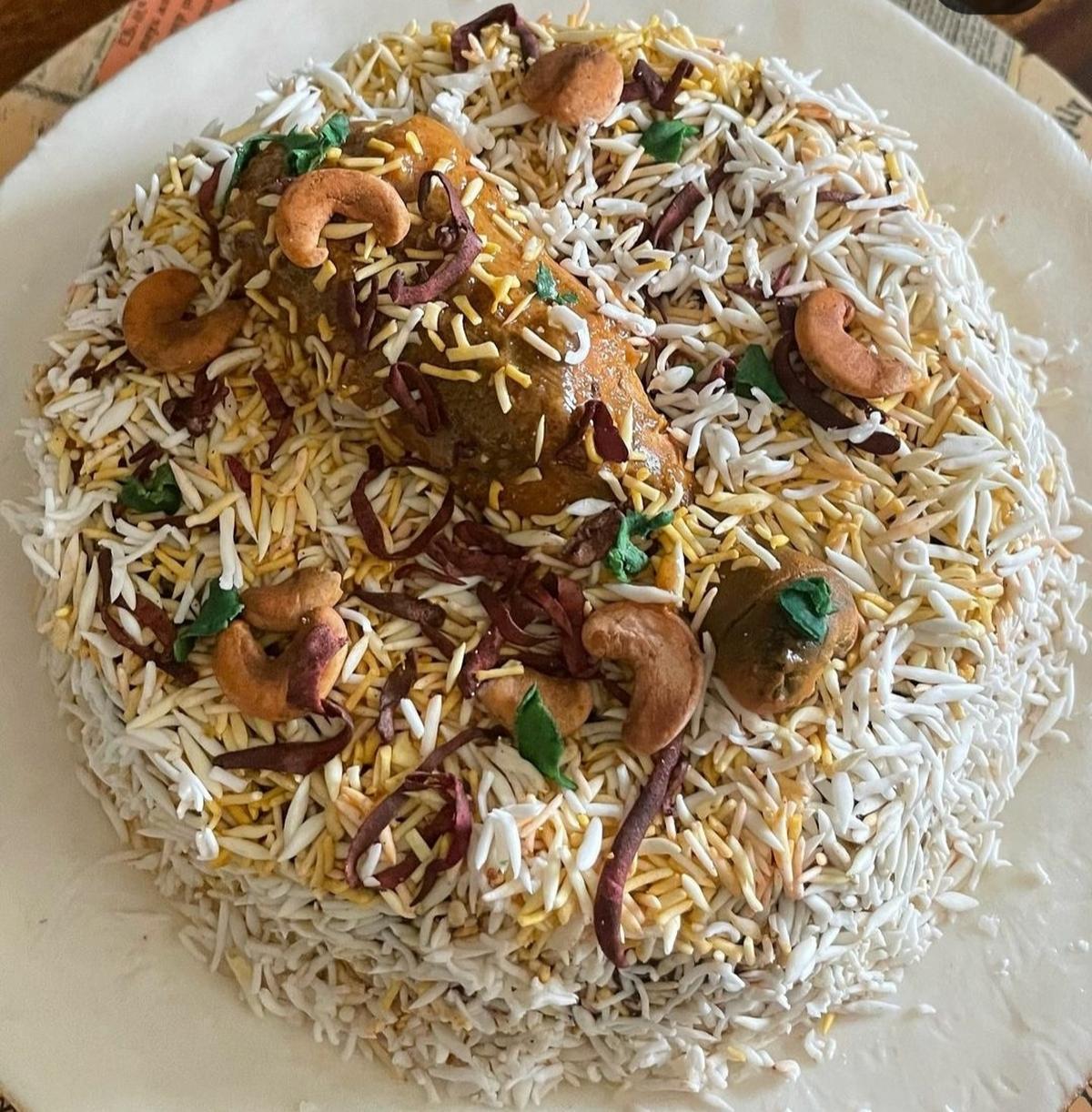 A hyper reality cake made by Anna Samuel in Thiruvananthapuram in the form of a chicken biryani. 