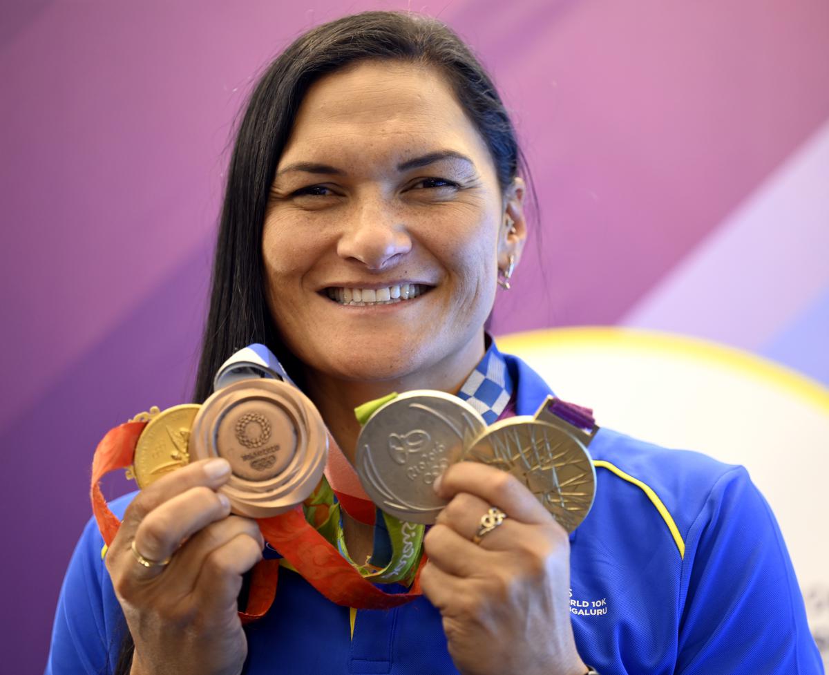 Shot put champion and TCS 10k brand ambassador Valerie Adams at a press conference in Bengaluru on Thursday, 25 April 2024. 