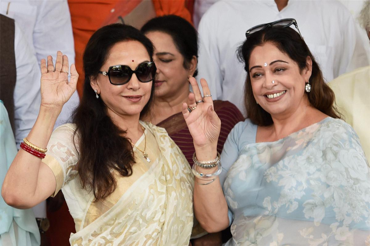 Actors and BJP members Hema Malini and Kirron Kher at Parliament House on June 9, 2014.