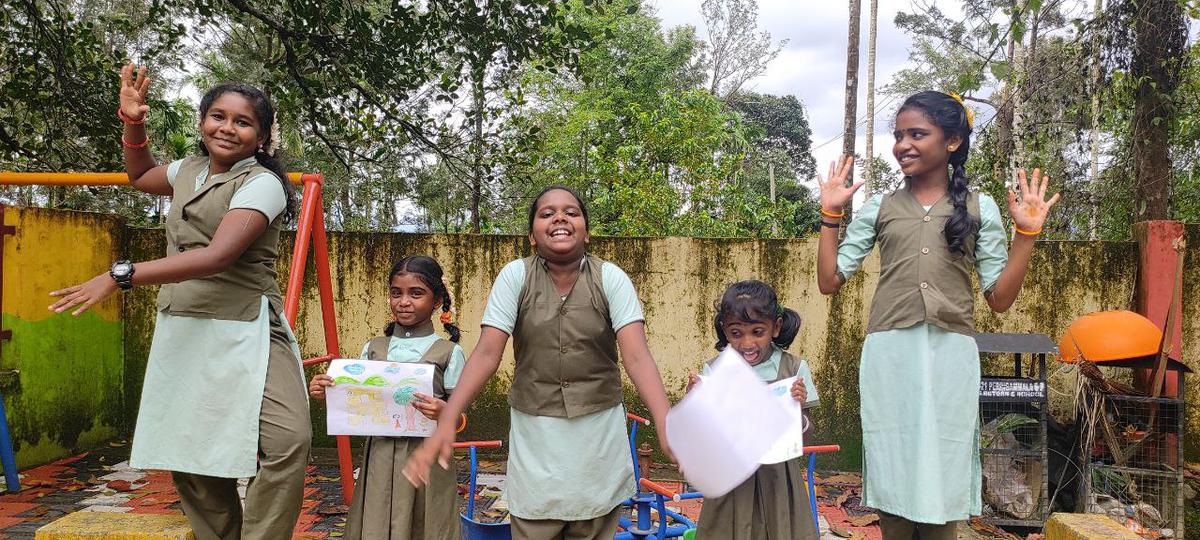 Students of Government UP School, Ponmudi, at Theli, the applied drama workshop organised by APT