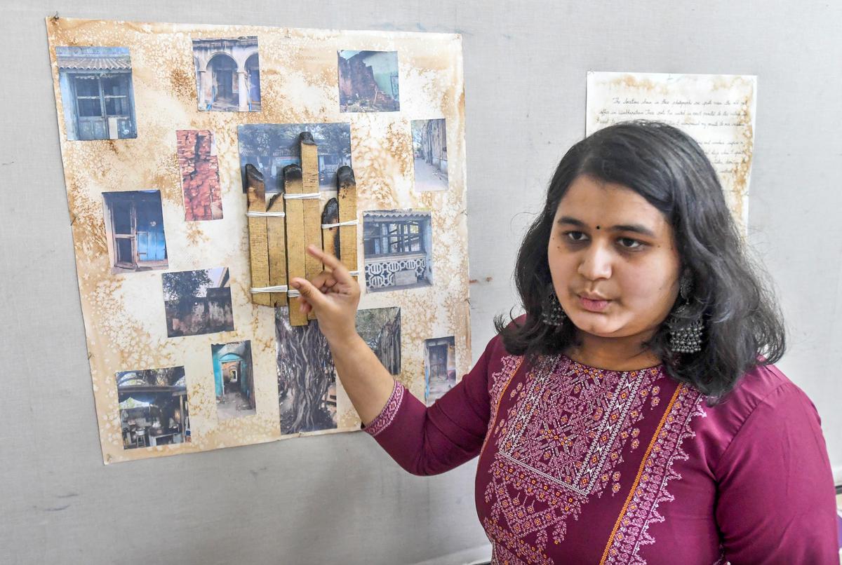 A participant explaining about her work during the workshop on Interdisciplinary Art Practices at Department of Fine Arts at Andhra University in Visakhapatnam 