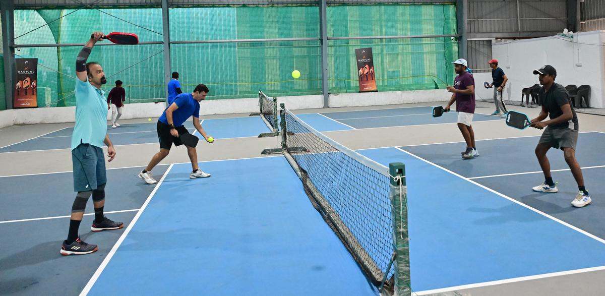 A pickleball match in progress at Picklers Arena in Iyyappanthangal 