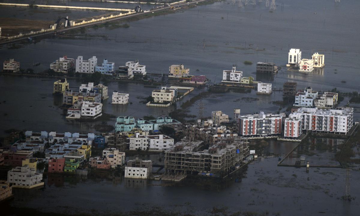 An aerial view of marooned Sholinganallur in Chennai on December 7, 2015. 