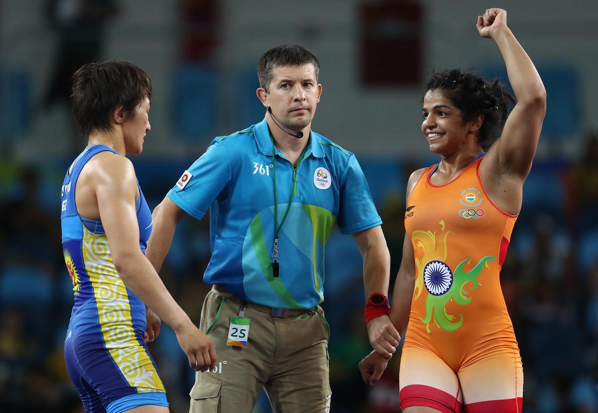 Sakshi Malik of India being declared the winner at the Rio 2016 Olympic Games, in Rio de Janeiro, Brazil.