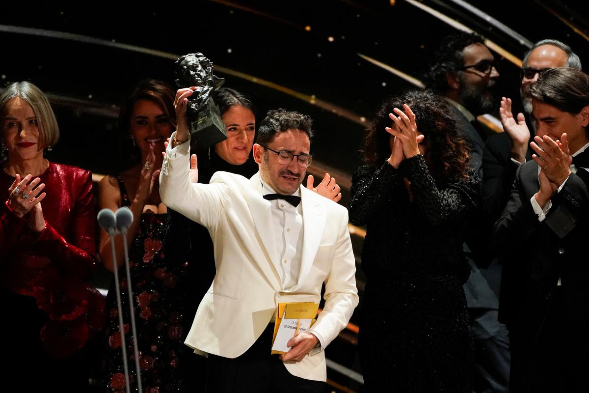 Director JA Bayona reacts while receiving the Best Film award for 'Society of the Snow' during the Spanish Film Academy's Goya Awards ceremony in Valladolid, Spain. 