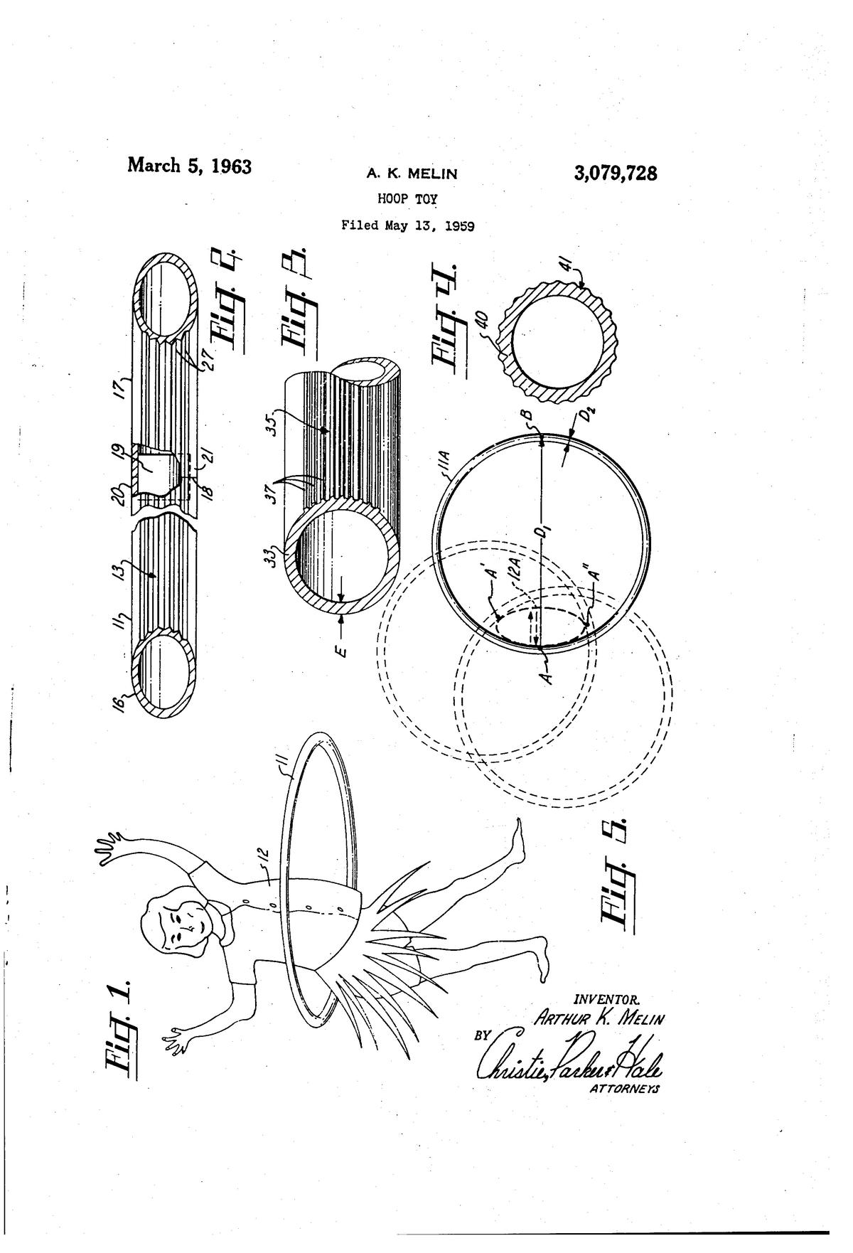 The patent drawings used for the Hula-Hoop. Melin’s name is mentioned as the inventor. 