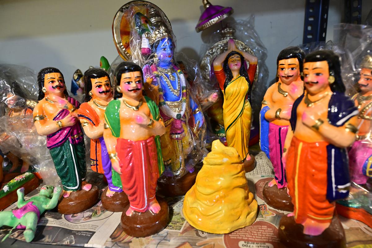 Beautiful handpainted designs Golu (meaning “Court of Dolls”) Dolls displayed for sale at a store in Basavangudi.