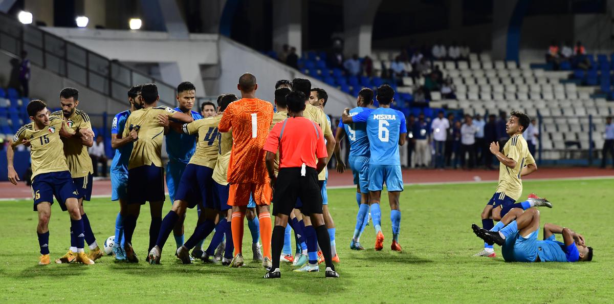 India and Kuwait players scuffle with each other, during their SAFF Championship 2023 football in Bengaluru on June 27, 2023.  