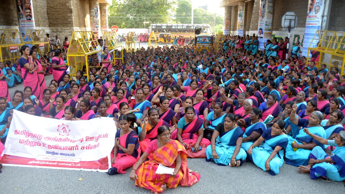 Anganwadi staff stage protest in Dindigul, Theni