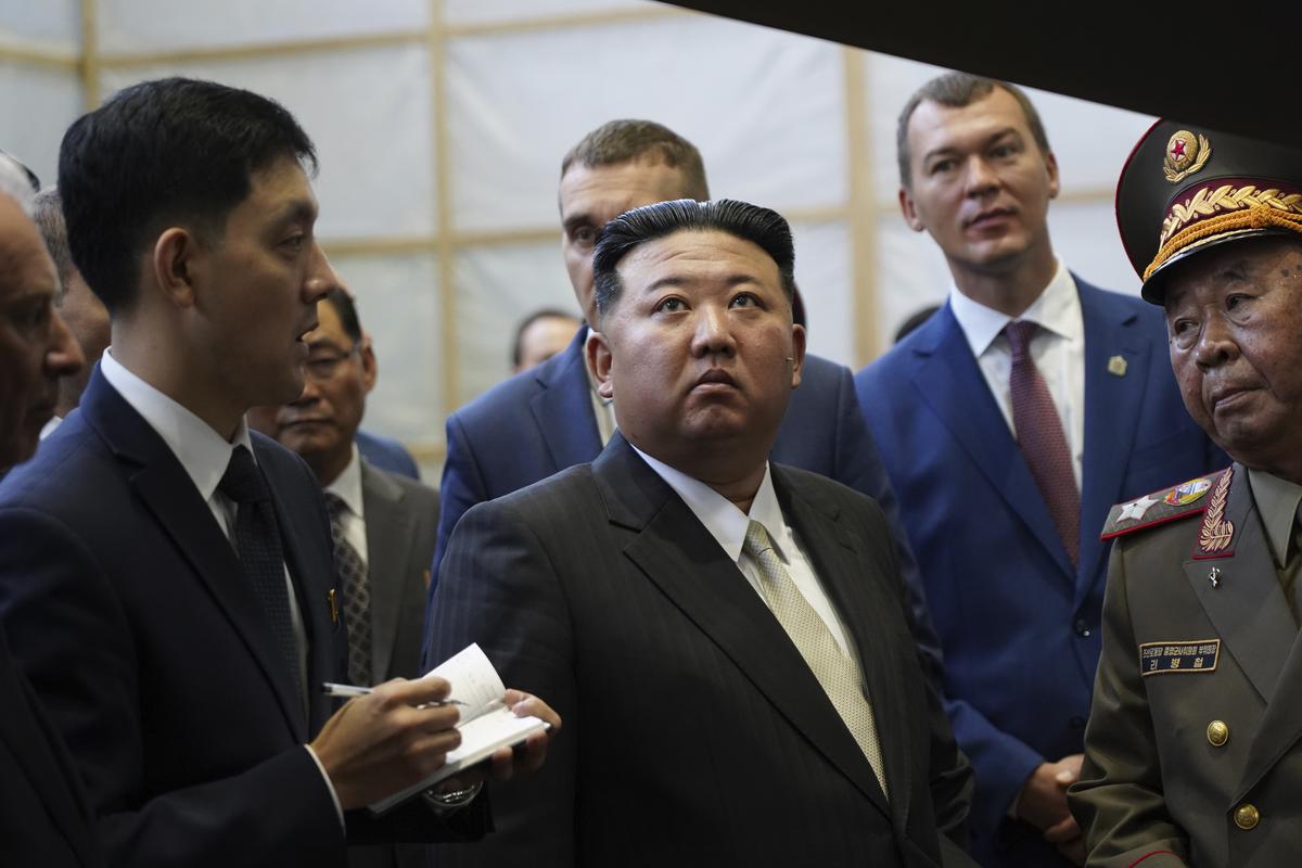 In this photo released by Khabarovsky Krai region government, North Korean leader Kim Jong Un visits a Russian aircraft plant that builds fighter jets in Komsomolsk-on-Amur, about 6,200 kilometers (3,900 miles) east of Moscow, Russia, on Sept.  15, 2023. 