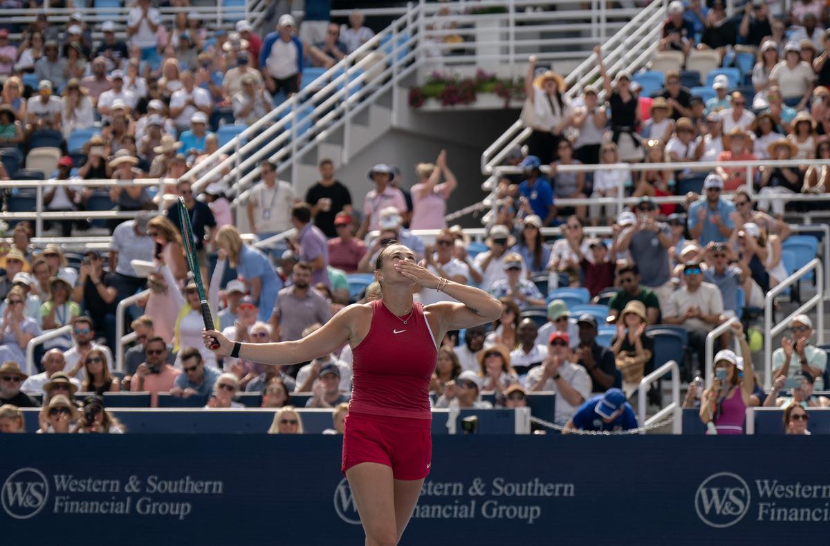 Aryna Sabalenka celebrates winning the women’s singles final against Jessica Pegula of the United States on day seven of the Cincinnati Open. 