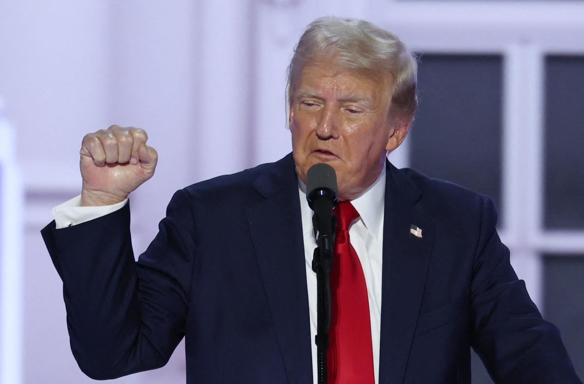 Republican presidential nominee and former U.S. President Donald Trump gives his acceptance speech on Day 4 of the Republican National Convention (RNC), at the Fiserv Forum in Milwaukee, Wisconsin, U.S., on July 18, 2024. 