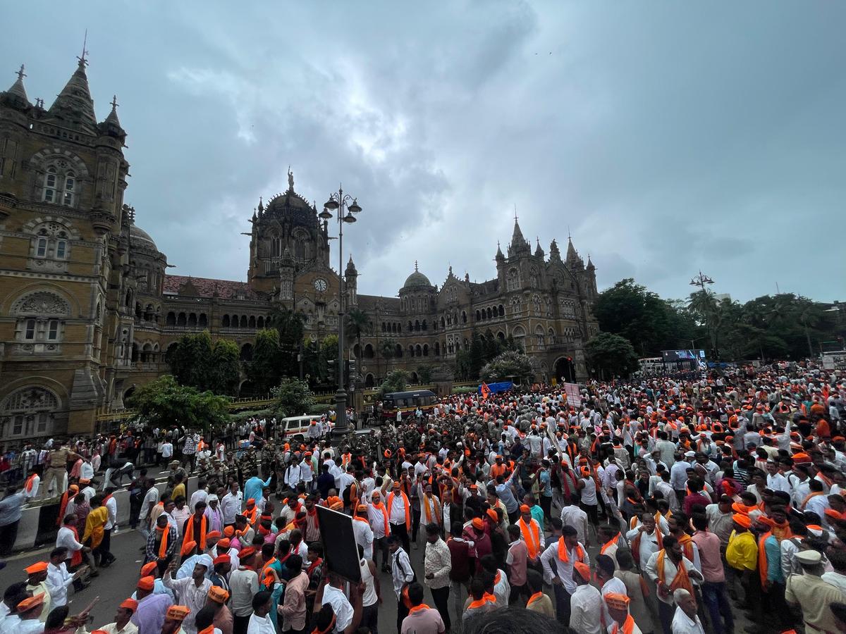 Maratha quota protesters outside CSMT station in Mumbai, Maharashtra on Friday (August 29, 2025). Maratha quota protesters outside CSMT station in Mumbai, Maharashtra on Friday (August 29, 2025).