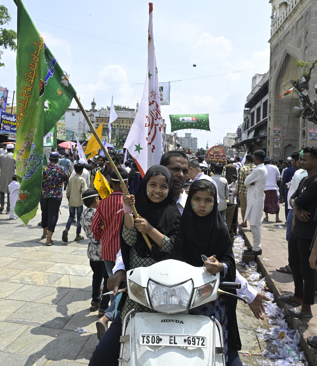 Muslims participate in the Milad juloos at Charminar in Hyderabad on Sunday.