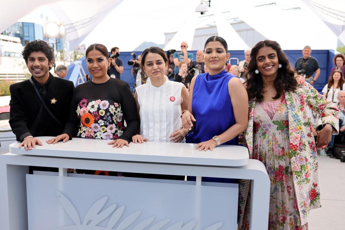 Filmmaker Payal Kapadia (centre) with the cast of her Grand Prix-winning film 'All We Imagine As Light' at the Cannes Film Festival, May 2024.