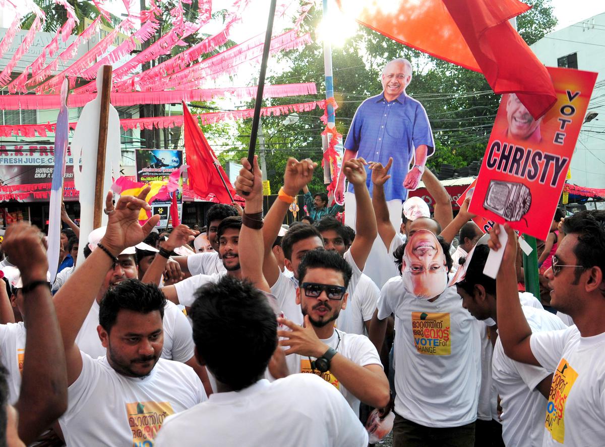 Young supporters of Christy Fernandez in Ernakulam during the culmination of electioneering at Karugappally junction on April 08, 2014. file photo