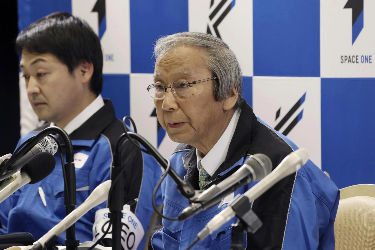 Space One President Masakazu Toyoda, center, speaks during a press conference as they say its second attempt to launch the Kairos No. 2 rocket carrying satellites into orbit had been aborted minutes after liftoff, in Kushimoto town, western Japan on Wednesday (December 18, 2024).