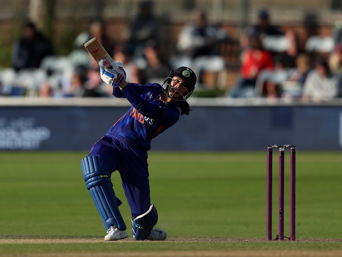 Smriti Mandhana of India in action during the 1st Royal London ODI match between England and India at The 1st Central County Ground on September 18, 2022