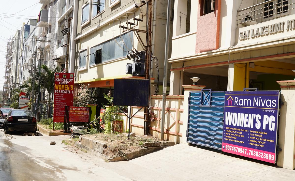 A row of PG accommodations in Gowlidoddi, a bustling hub near Hyderabad’s Financial District,  one of many pockets in Hyderabad’s IT corridor housing thousands of young professionals and students in Hyderabad. 