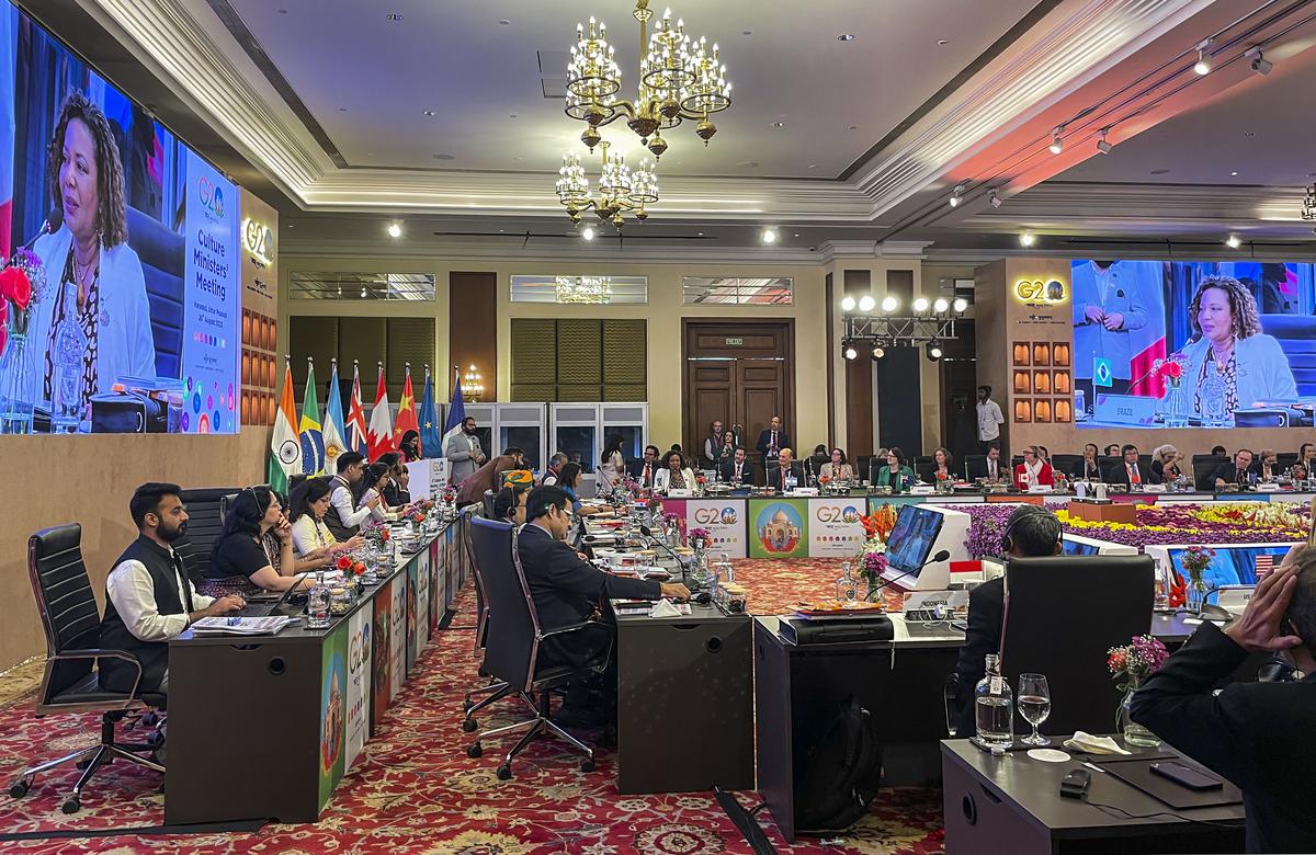  Minister of Culture of Brazil Margareth Menezes speaks during the G20 Culture Ministers Meeting, in Varanasi.  
