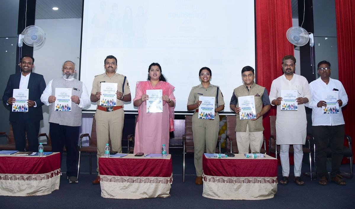 Dignitaries releasing The Hindu Education Plus Career Handbook at Poojya Doddappa Appa Sabha Bhavan, Sharnbasva University, in Kalaburagi on Sunday.